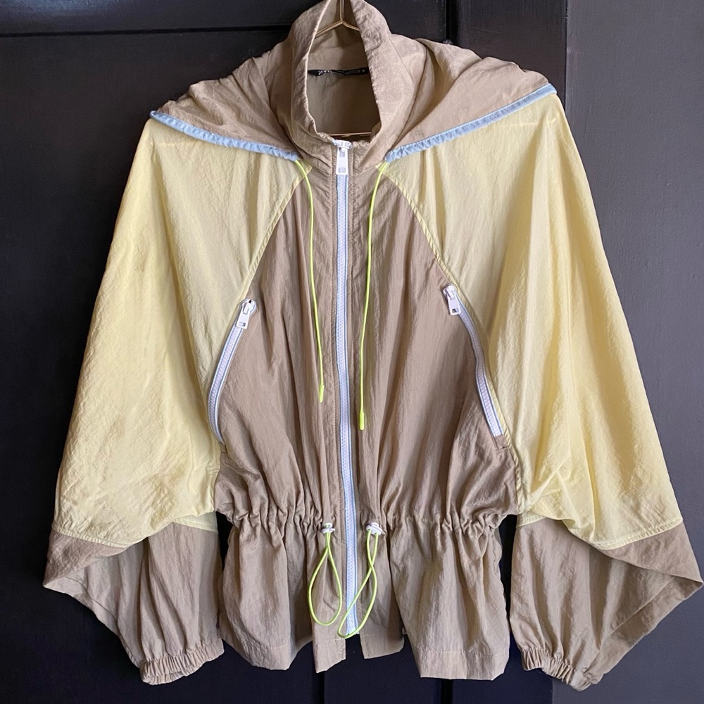 Zara Beige and Pale Yellow Hooded Windbreaker Jacket